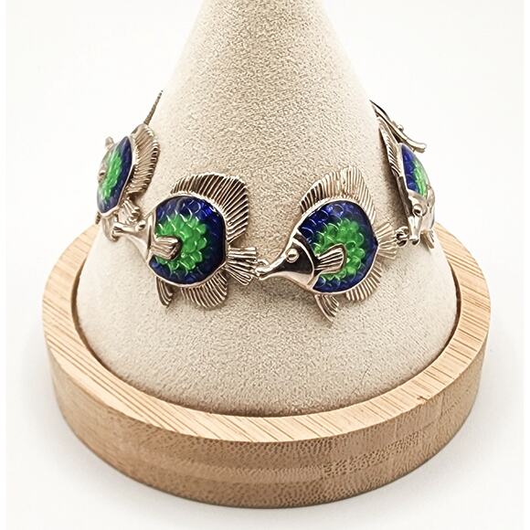 Kabana Sterling Silver Angelfish Guilloche Enamel Bracelet Blue Green 1980s USA - Picture 2 of 5